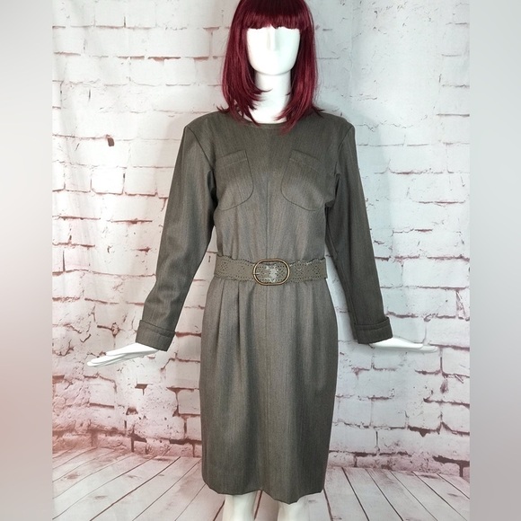 VINTAGE SAINT LAURENT PARIS RIVE GAUCHE Taupe knee length dress Size Large - Picture 9 of 15